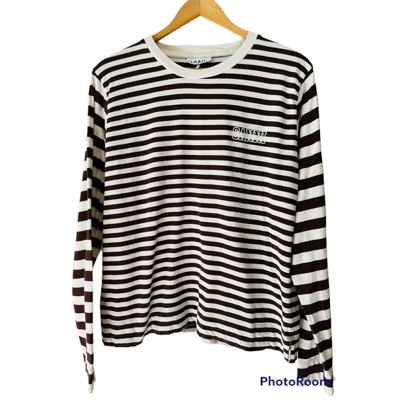 GANNI Authentic Designer Crew Neck Striped Long Sleeve Cotton Top - Picture 1 of 6
